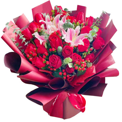 鄂州22朵红玫瑰百合,爱的火焰